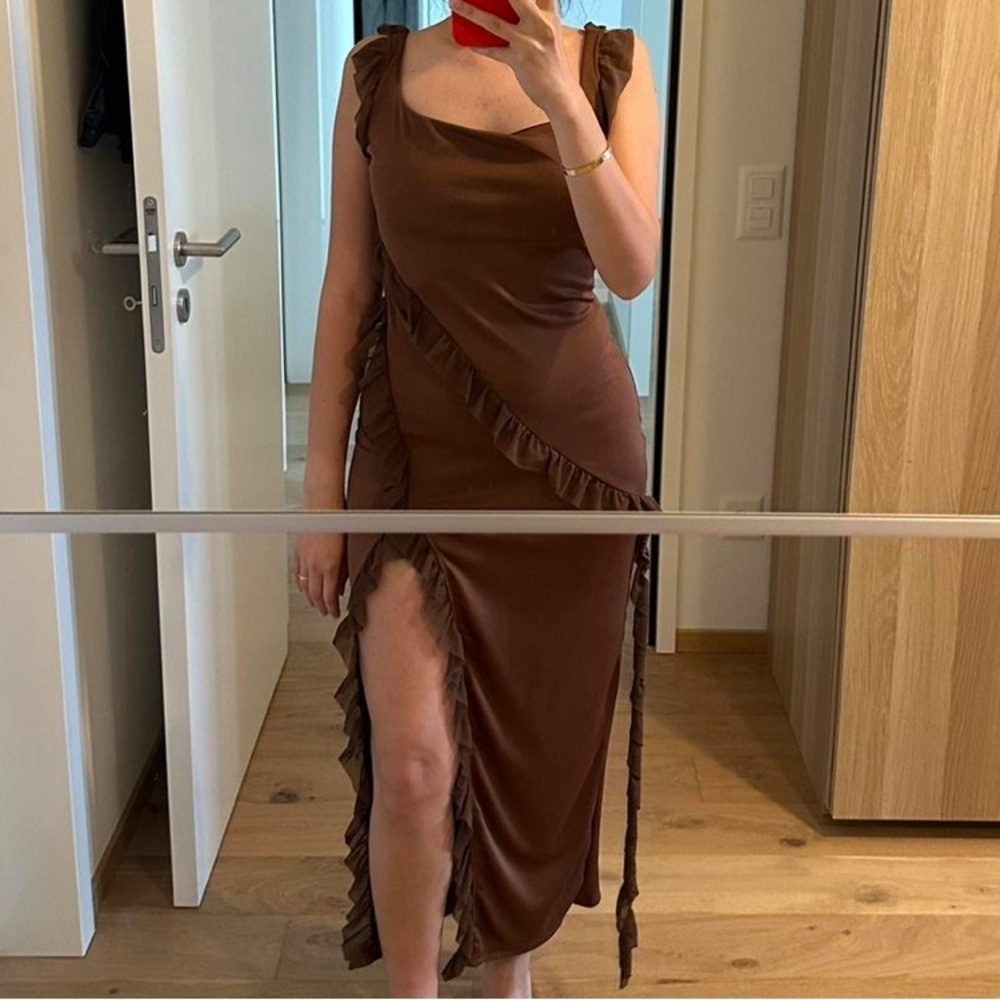 Chocolate Brown Ruffle Bodycon Tank Midi Side Slit Dress Small